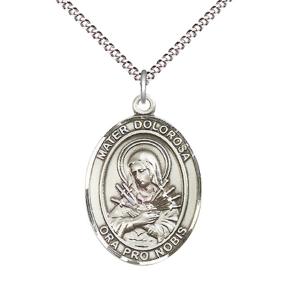 Women's .925 Sterling Silver Mater Dolorosa Medal Pendant on 18 Inch Rhodium Plated Lite Curb Brass Chain with Lobster Claw Clasp, Catholic Religious Necklace - Made in USA- Deluxe Velvet Gift Box