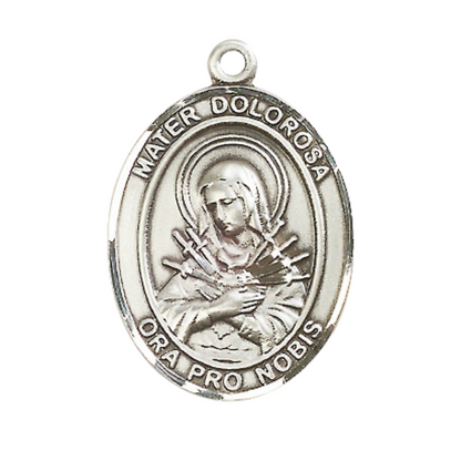 Oval .925 Sterling Silver Mater Dolorosa Medal Pendant on 24" Rhodium Plated Heavy Curb Brass Chain with Lobster Claw clasp, Catholic Religious Necklace -Made in USA- Deluxe Velvet Gift Box