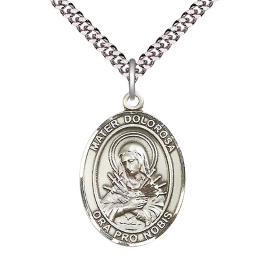 Mater Dolorosa Medal Necklace – 24 Inch Endless Light Rhodium Plated plated Chain, Catholic Medal – Velvet Gift Box