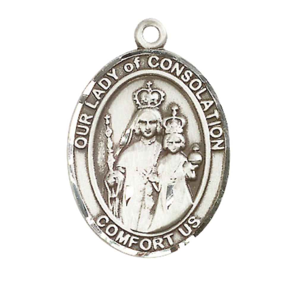 Women's Pewter Our Lady of Consolation Medal Pendant on 18 Inch Rhodium Plated Lite Curb Brass Chain with Lobster Claw Clasp, Catholic Religious Necklace - Made in USA- Deluxe Velvet Gift Box