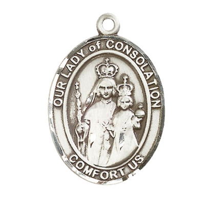 Women's Pewter Our Lady of Consolation Medal Pendant on 18 Inch Rhodium Plated Lite Curb Brass Chain with Lobster Claw Clasp, Catholic Religious Necklace - Made in USA- Deluxe Velvet Gift Box