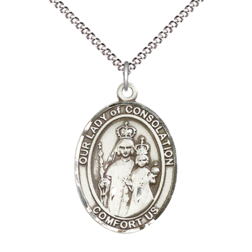 Women's Pewter Our Lady of Consolation Medal Pendant on 18 Inch Rhodium Plated Lite Curb Brass Chain with Lobster Claw Clasp, Catholic Religious Necklace - Made in USA- Deluxe Velvet Gift Box
