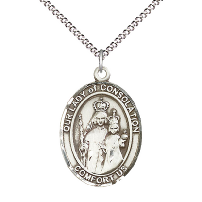 Women's Pewter Our Lady of Consolation Medal Pendant on 18 Inch Rhodium Plated Lite Curb Brass Chain with Lobster Claw Clasp, Catholic Religious Necklace - Made in USA- Deluxe Velvet Gift Box