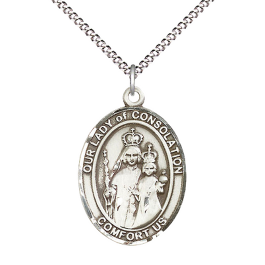 Women's Pewter Our Lady of Consolation Medal Pendant on 18 Inch Rhodium Plated Lite Curb Brass Chain with Lobster Claw Clasp, Catholic Religious Necklace - Made in USA- Deluxe Velvet Gift Box