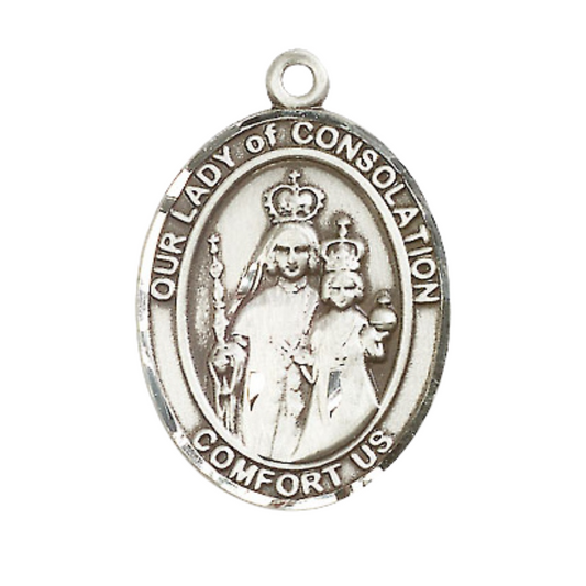 .925 Sterling Silver Our Lady of Consolation Medal Pendant on 24 Inch Rhodium Plated Heavy Curb Brass Chain with Lobster Claw clasp, Catholic Religious Necklace - Made in USA- Deluxe Velvet Gift Box
