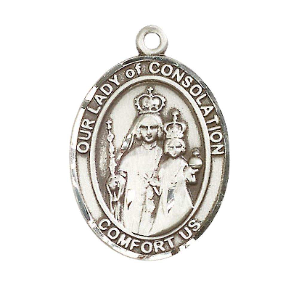 Our Lady of Consolation Men's Medal Necklace – 24 Inch Endless Light Rhodium Plated Heavy Curb Chain, Catholic Medal – Velvet Gift Box