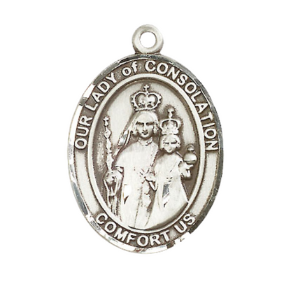 Our Lady of Consolation Men's Medal Necklace – 24 Inch Endless Light Rhodium Plated Heavy Curb Chain, Catholic Medal – Velvet Gift Box
