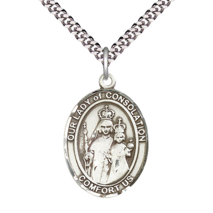 Oval Pewter Our Lady of Consolation Medal Pendant on 24 inch Rhodium Plated Heavy Curb Brass Chain with Lobster Claw clasp, Catholic Religious Necklace - Made in USA- Deluxe Velvet Gift Box