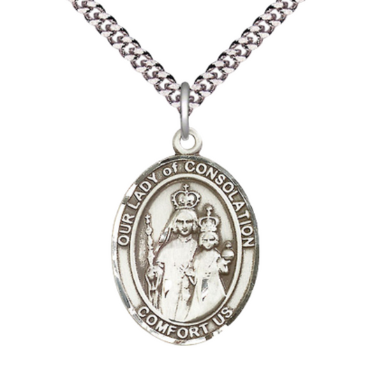 Oval Pewter Our Lady of Consolation Medal Pendant on 24 inch Rhodium Plated Heavy Curb Brass Chain with Lobster Claw clasp, Catholic Religious Necklace - Made in USA- Deluxe Velvet Gift Box