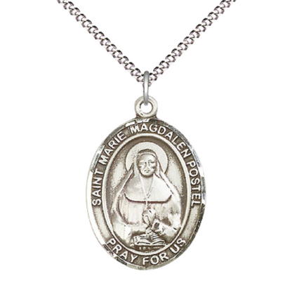 Women's .925 Sterling Silver Marie Magdalen Postel Large Medal Pendant on 18 Inch Rhodium Plated Lite Curb Brass Chain with Lobster Claw Clasp, Catholic Religious Necklace - Made in USA- Velvet Gift Box