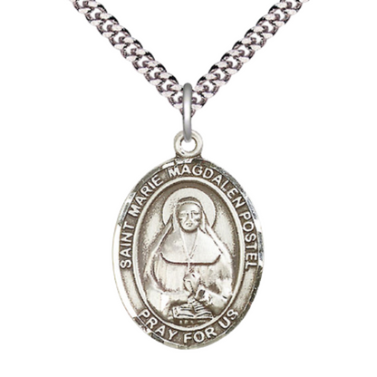 Marie Magdalen Postel Medal Necklace – Men's .925 Sterling Silver Pendant with 24- Inch Light Rhodium Plated Heavy Curb Chain, Catholic Medal – Velvet Gift Box Included