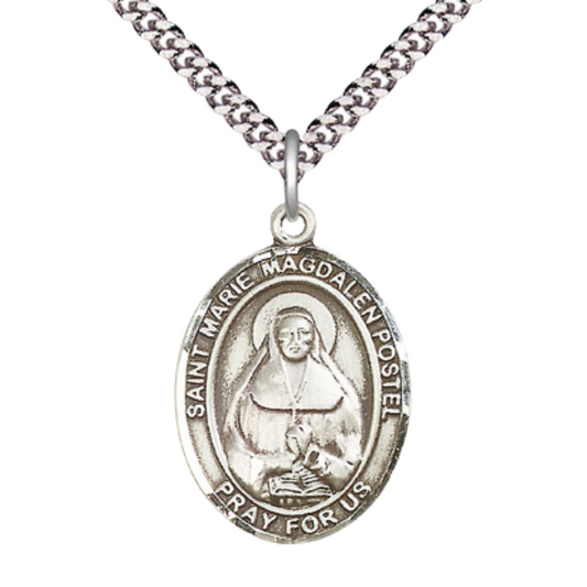 Marie Magdalen Postel Medal Necklace – Men's .925 Sterling Silver Pendant with 24- Inch Light Rhodium Plated Heavy Curb Chain, Catholic Medal – Velvet Gift Box Included