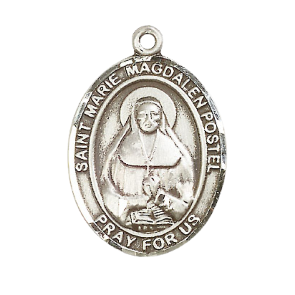 .925 Sterling Silver Marie Magdalen Postel Medal Pendant on 24 inch Rhodium Plated Heavy Curb Brass Chain with Lobster Claw clasp, Catholic Religious Necklace - Made in USA- Deluxe Velvet Gift Box