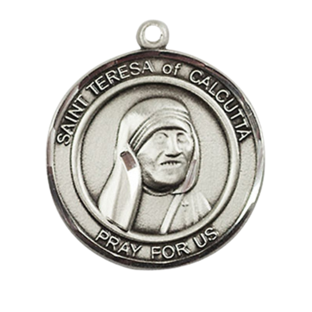 Women's Pewter Saint St. Teresa of Calcutta Large Medal Pendant on 18 Inch Rhodium Plated Lite Curb Brass Chain with Lobster Claw Clasp, Catholic Religious Necklace - Made in USA- Deluxe Velvet Gift Box
