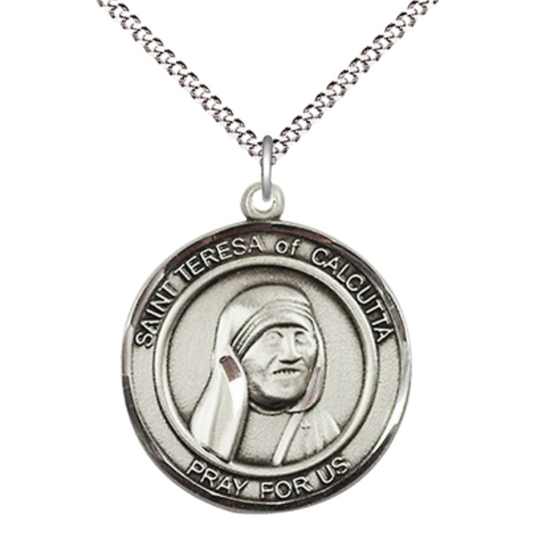 Women's Pewter Saint St. Teresa of Calcutta Large Medal Pendant on 18 Inch Rhodium Plated Lite Curb Brass Chain with Lobster Claw Clasp, Catholic Religious Necklace - Made in USA- Deluxe Velvet Gift Box