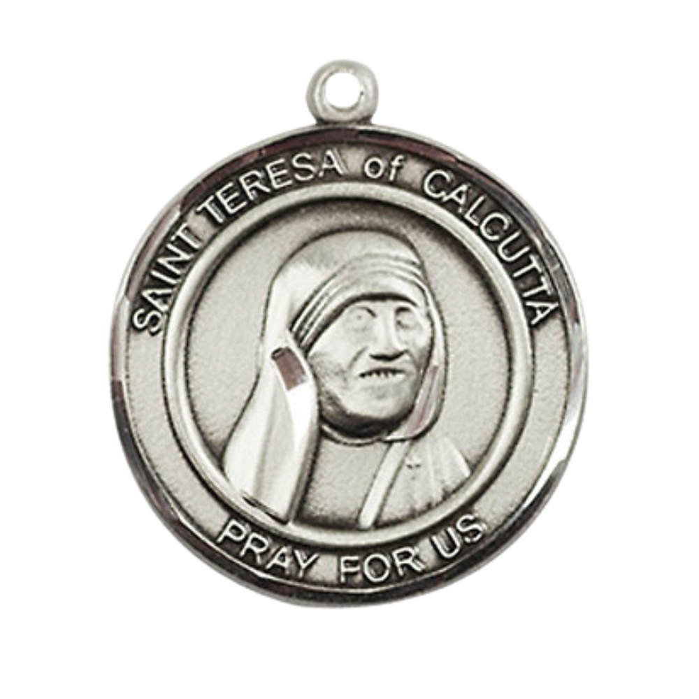 .925 Sterling Silver Saint St. Teresa of Calcutta Medal Pendant on 24 Inch Rhodium Plated Heavy Curb Brass Chain with Lobster Claw clasp, Catholic Religious Necklace - Made in USA- Deluxe Velvet Gift Box