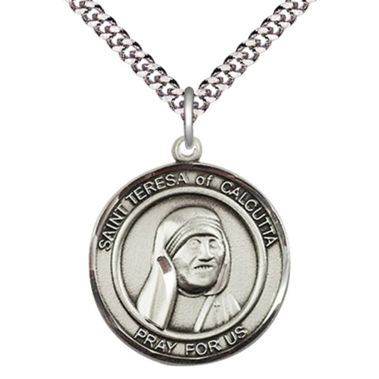 Everlasting Light Jewelry Men's Pewter Saint St. Teresa of Calcutta Medal Pendant on 24 Inch Endless Rhodium Plated Heavy Curb Chain, Catholic Religious Necklace - Made in USA - Deluxe Velvet Gift Box