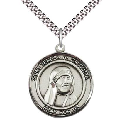 Round Pewter Saint St. Teresa of Calcutta Medal Pendant on 24 inch Rhodium Plated Heavy Curb Brass Chain with Lobster Claw clasp, Catholic Religious Necklace - Made in USA- Deluxe Velvet Gift Box