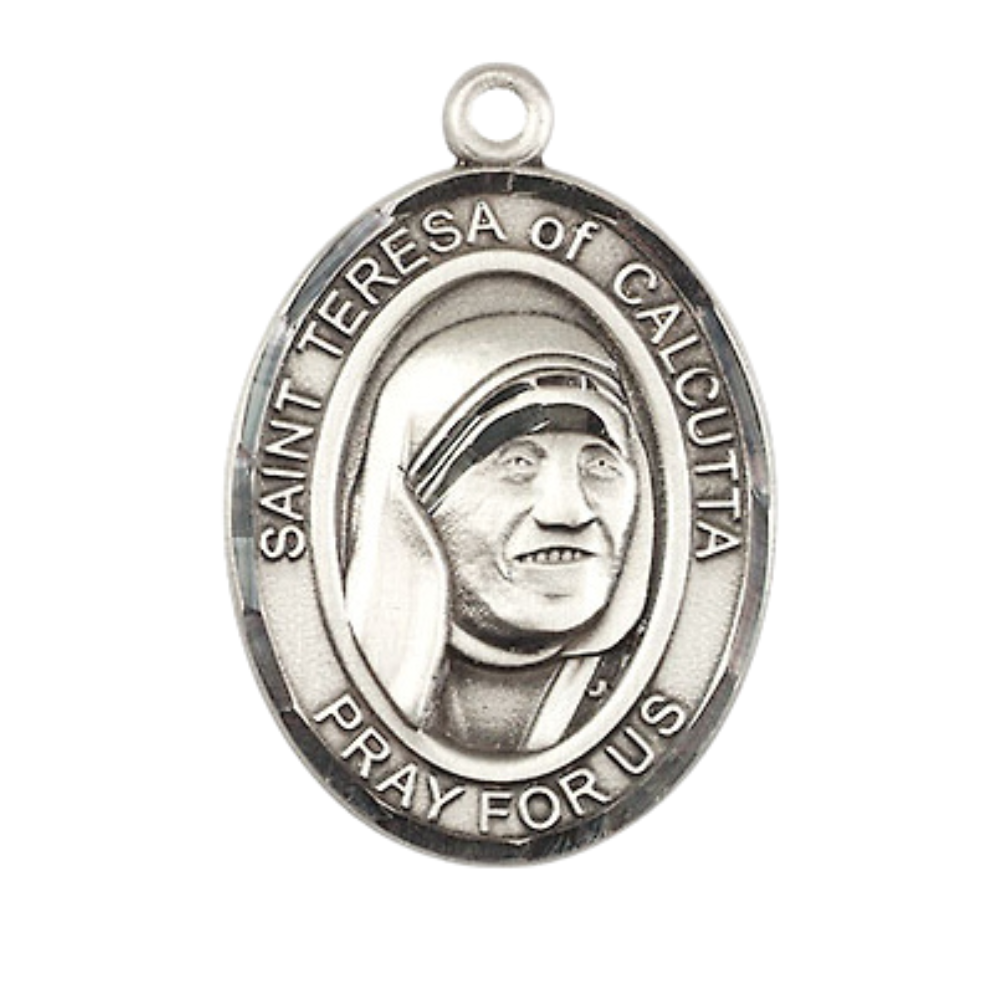 Women's .925 Sterling Silver Saint St. Teresa of Calcutta Medal Pendant on 18 Inch Rhodium Plated Lite Curb Brass Chain with Lobster Claw Clasp, Catholic Religious Necklace - Made in USA - Velvet Gift Box