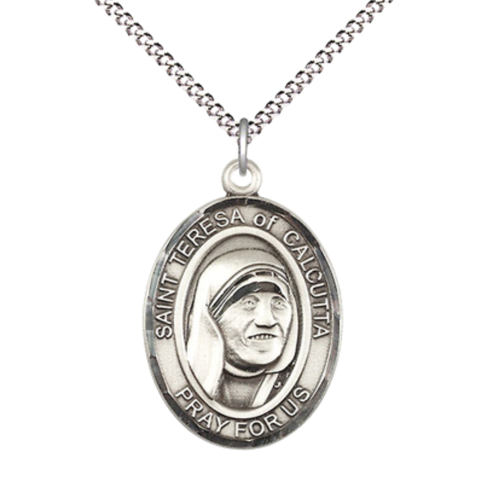 Women's Pewter Saint St. Teresa of Calcutta Large Medal Pendant on 18 Inch Rhodium Plated Lite Curb Brass Chain with Lobster Claw Clasp, Catholic Religious Necklace - Made in USA - Deluxe Velvet Gift Box