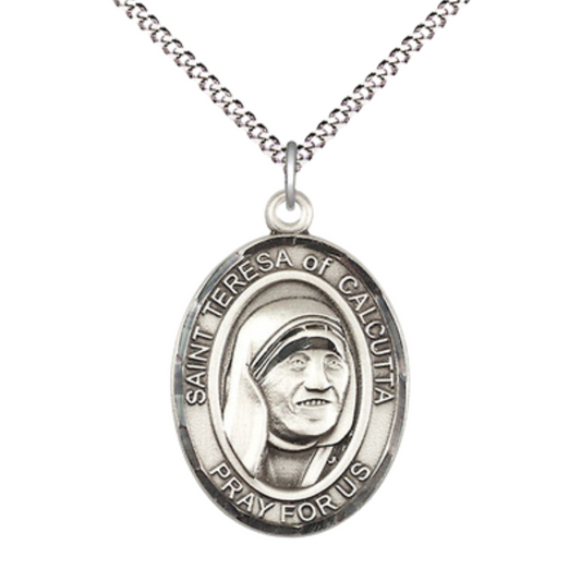 Women's Pewter Saint St. Teresa of Calcutta Large Medal Pendant on 18 Inch Rhodium Plated Lite Curb Brass Chain with Lobster Claw Clasp, Catholic Religious Necklace - Made in USA - Deluxe Velvet Gift Box