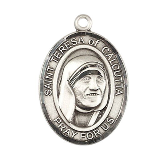 .925 Sterling Silver Saint St. Teresa of Calcutta Medal Pendant on 24 Inch Rhodium Plated Heavy Curb Brass Chain with Lobster Claw clasp, Catholic Religious Necklace - Made in USA- Deluxe Velvet Gift Box