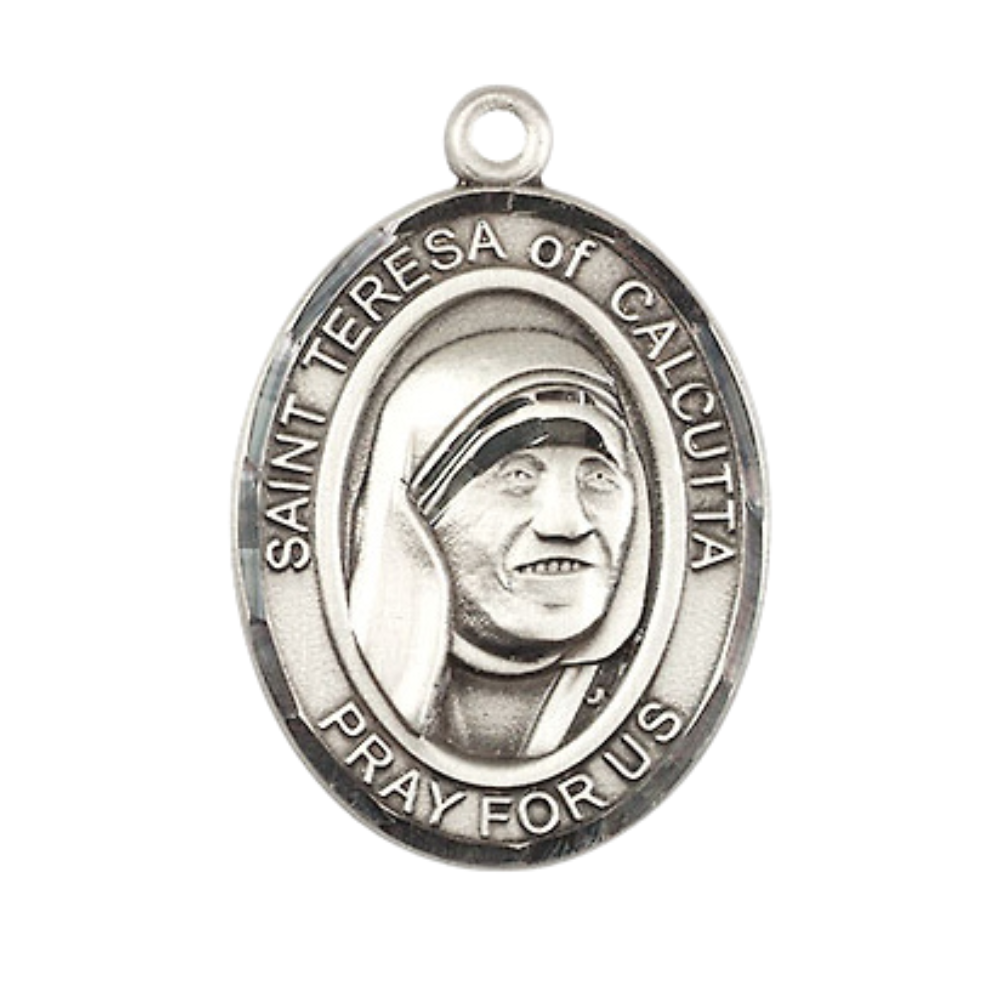 Saint St. Teresa of Calcutta Medal Necklace– Men's Pewter Pendant on 24 Inch Light Rhodium Plated plated Chain – Catholic Religious Jewelry – Velvet Gift Box Included