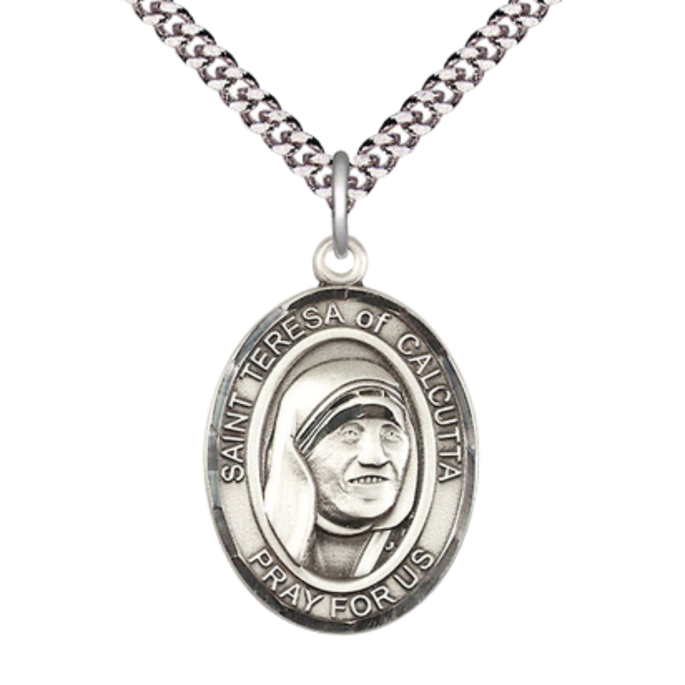 Oval Pewter Saint St. Teresa of Calcutta Medal Pendant on 24 inch Rhodium Plated Heavy Curb Brass Chain with Lobster Claw clasp, Catholic Religious Necklace - Made in USA - Deluxe Velvet Gift Box