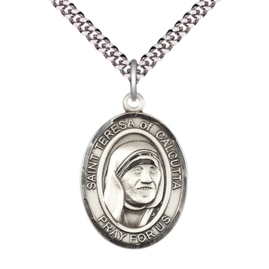 Oval Pewter Saint St. Teresa of Calcutta Medal Pendant on 24 inch Rhodium Plated Heavy Curb Brass Chain with Lobster Claw clasp, Catholic Religious Necklace - Made in USA - Deluxe Velvet Gift Box