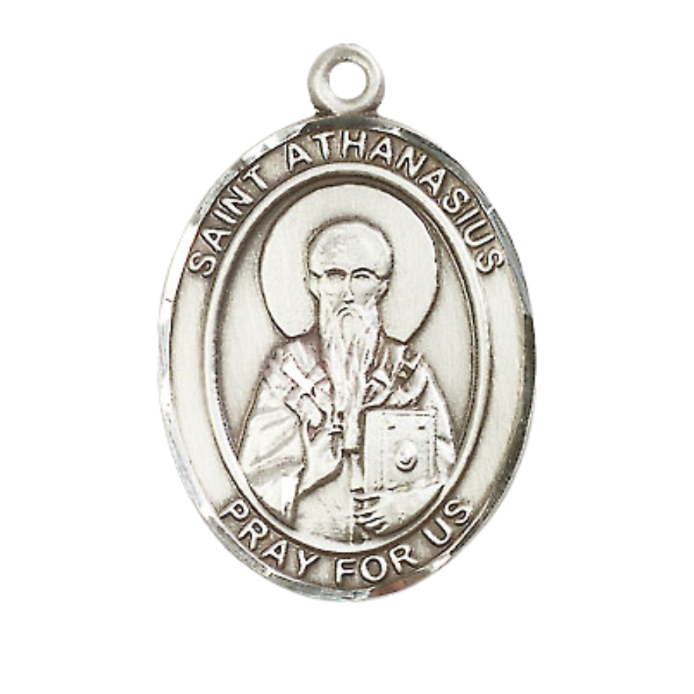 Women's Pewter Saint St. Athanasius Medal Pendant on 18 Inch Rhodium Plated Lite Curb Brass Chain with Lobster Claw Clasp, Catholic Religious Necklace - Made in USA- Deluxe Velvet Gift Box