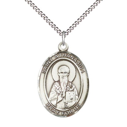 Women's Pewter Saint St. Athanasius Medal Pendant on 18 Inch Rhodium Plated Lite Curb Brass Chain with Lobster Claw Clasp, Catholic Religious Necklace - Made in USA- Deluxe Velvet Gift Box