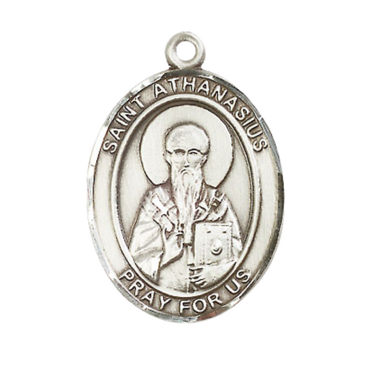 .925 Sterling Silver Saint St. Athanasius Medal Pendant on 24 inch Rhodium Plated Heavy Curb Brass Chain with Lobster Claw clasp, Catholic Religious Necklace - Made in USA- Deluxe Velvet Gift Box