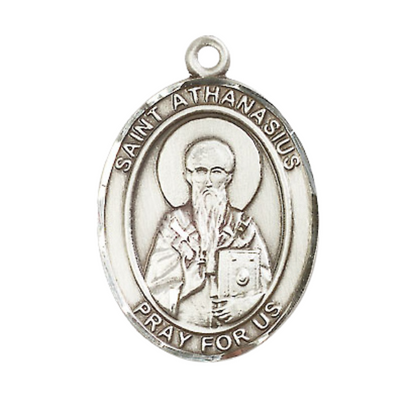 1 x 3/4" Oval Pewter Saint St. Athanasius Medal Pendant on 24 inch Rhodium Plated Heavy Curb Brass Chain with Lobster Claw clasp, Catholic Religious Necklace - Made in USA- Deluxe Velvet Gift Box