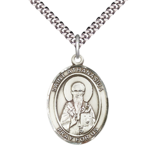 Saint St. Athanasius Medal Necklace – Men's .925 Sterling Silver Pendant with 24- Inch Light Rhodium Plated Heavy Curb Chain, Catholic Medal – Velvet Gift Box Included