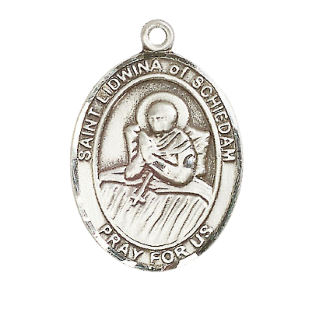 Women's Pewter Saint St. Lidwina of Schiedam Medal Pendant on 18 Inch Rhodium Plated Lite Curb Brass Chain with Lobster Claw Clasp, Catholic Religious Necklace - Made in USA- Deluxe Velvet Gift Box