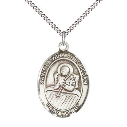 Women's .925 Sterling Silver Saint St. Lidwina of Schiedam Medal Pendant on 18 Inch Rhodium Plated Lite Curb Brass Chain with Lobster Claw Clasp, Catholic Religious Necklace - Made in USA- Velvet Gift Box