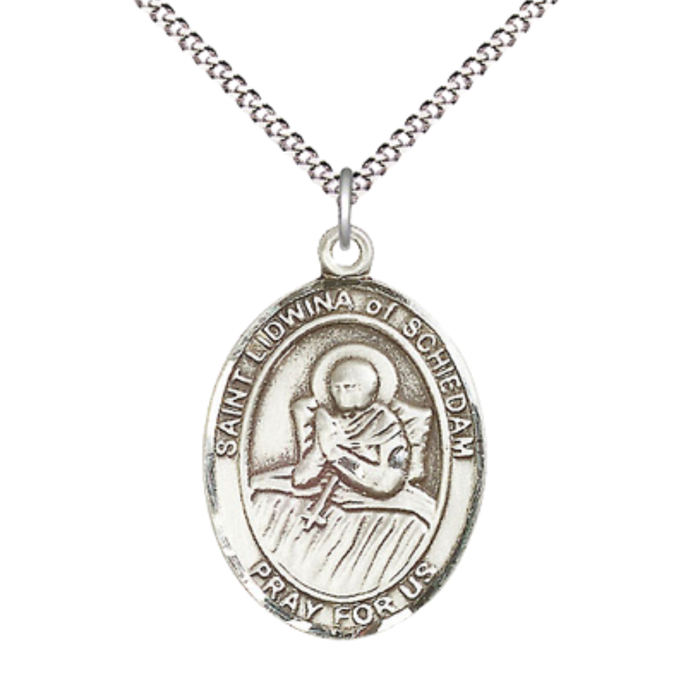 Women's Pewter Saint St. Lidwina of Schiedam Medal Pendant on 18 Inch Rhodium Plated Lite Curb Brass Chain with Lobster Claw Clasp, Catholic Religious Necklace - Made in USA- Deluxe Velvet Gift Box