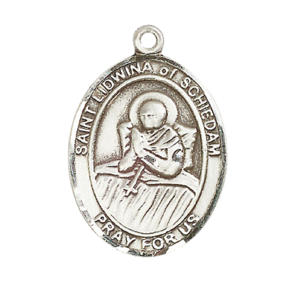 Sterling Silver Saint Lidwina of Schiedam Medal Pendant on 24" Rhodium Plated Heavy Curb Brass Chain with Lobster Claw clasp, Catholic Religious Necklace -Made in USA- Deluxe Velvet Gift Box