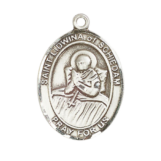 Sterling Silver Saint Lidwina of Schiedam Medal Pendant on 24" Rhodium Plated Heavy Curb Brass Chain with Lobster Claw clasp, Catholic Religious Necklace -Made in USA- Deluxe Velvet Gift Box