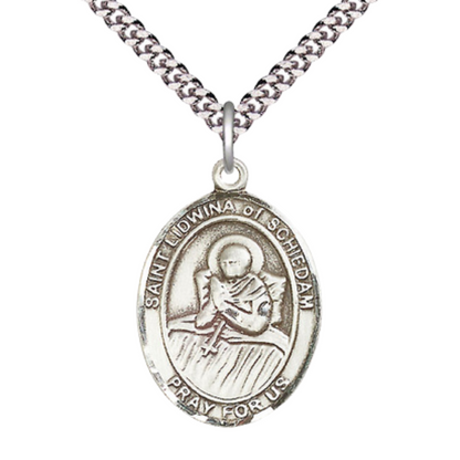 Saint St. Lidwina of Schiedam Medal Necklace – Men's .925 Sterling Silver Pendant with 24- Inch Light Rhodium Plated Heavy Curb Chain – Patron Saint St. of Ice Skating, Catholic Medal – Velvet Gift Box Included