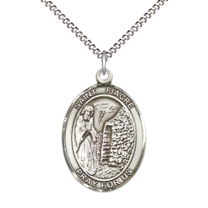 Women's .925 Sterling Silver Saint St. Fiacre Medal Pendant on 18 Inch Rhodium Plated Lite Curb Brass Chain with Lobster Claw Clasp, Catholic Religious Necklace - Made in USA- Deluxe Velvet Gift Box