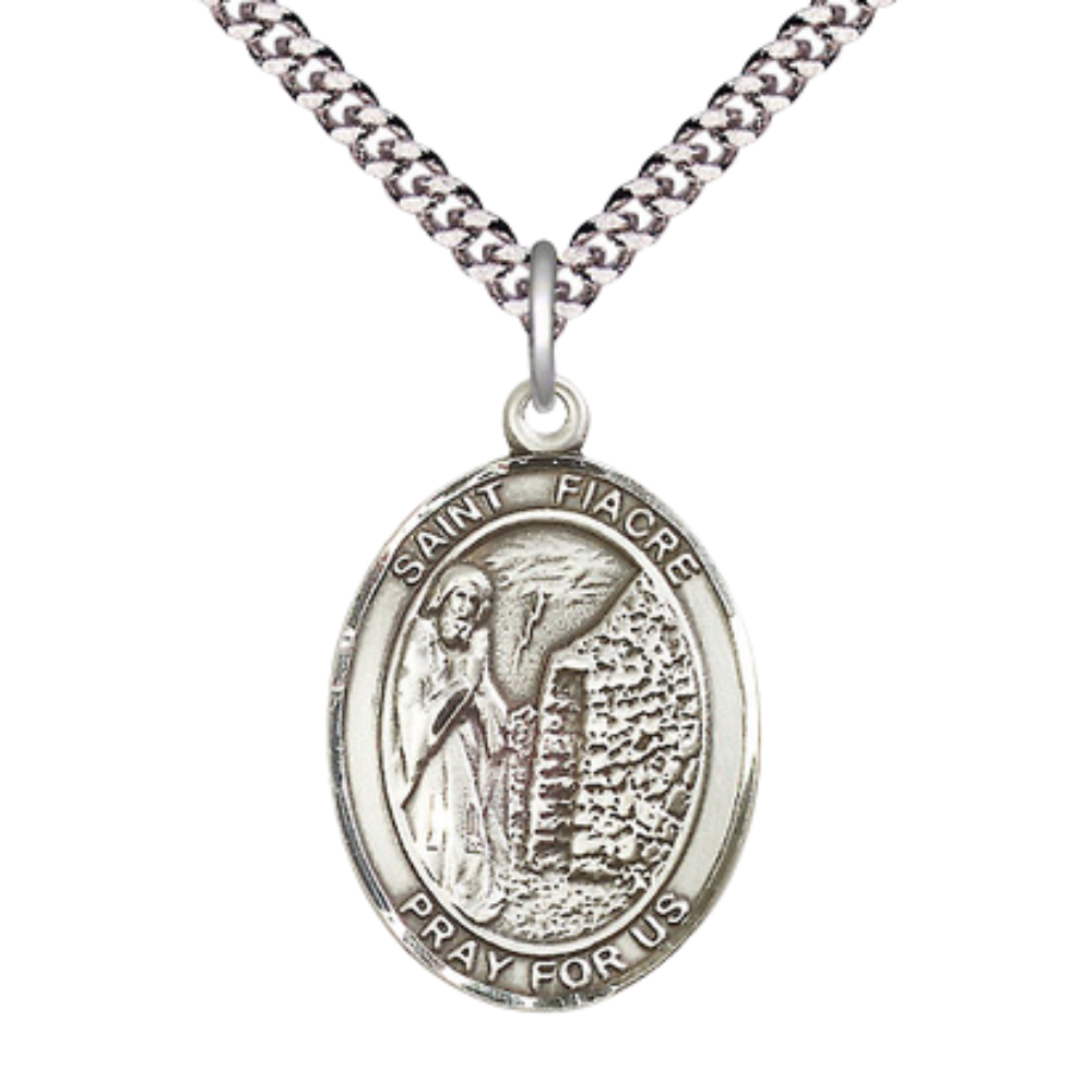 Saint St. Fiacre Medal Necklace – Men's Pewter Pendant with 24Inch Light Rhodium Plated plated Chain, Catholic Medal – Patron Saint St. of Gardeners – Velvet Gift Box Included
