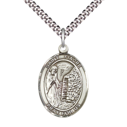 Saint St. Fiacre Medal Necklace – Men's .925 Sterling Silver Pendant with 24- Inch Light Rhodium Plated Heavy Curb Chain – Patron Saint St. of Gardeners, Catholic Medal – Velvet Gift Box Included