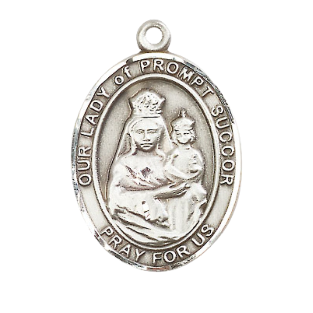 Women's .925 Sterling Silver Our Lady of Prompt Succor Medal Pendant on 18 Inch Rhodium Plated Lite Curb Brass Chain with Lobster Claw Clasp, Catholic Religious Necklace - Made in USA- Velvet Gift Box