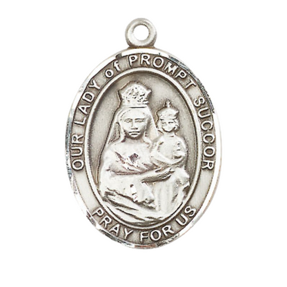 Women's .925 Sterling Silver Our Lady of Prompt Succor Medal Pendant on 18 Inch Rhodium Plated Lite Curb Brass Chain with Lobster Claw Clasp, Catholic Religious Necklace - Made in USA- Velvet Gift Box