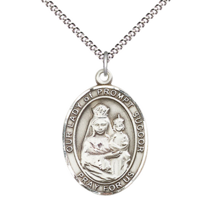 Women's .925 Sterling Silver Our Lady of Prompt Succor Medal Pendant on 18 Inch Rhodium Plated Lite Curb Brass Chain with Lobster Claw Clasp, Catholic Religious Necklace - Made in USA- Velvet Gift Box