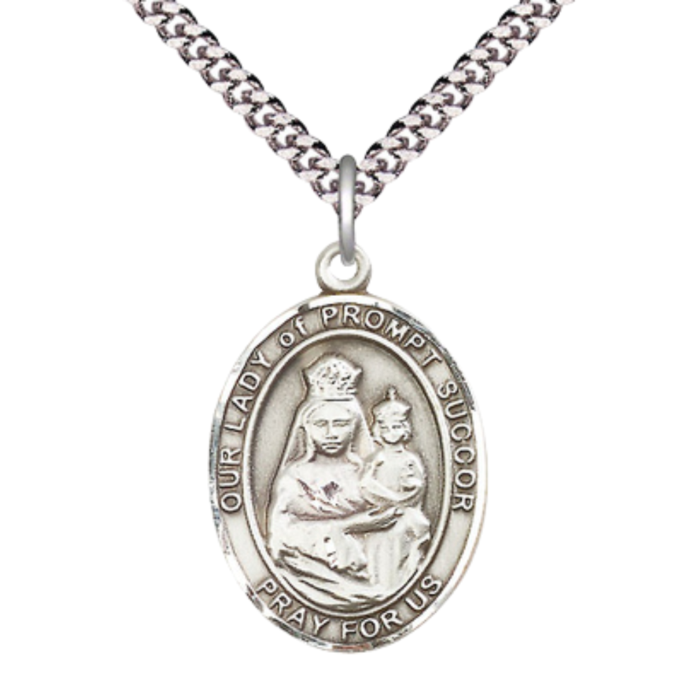 Oval Pewter Our Lady of Prompt Succor Medal Pendant on 24 inch Rhodium Plated Heavy Curb Brass Chain with Lobster Claw clasp, Catholic Religious Necklace -Made in USA- Deluxe Velvet Gift Box