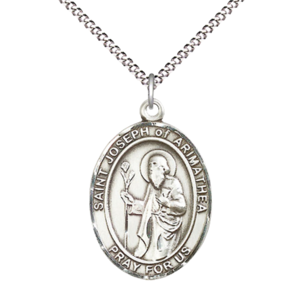 Women's Pewter Saint Joseph of Arimathea Medal Pendant on 18 Inch Rhodium Plated Lite Curb Brass Chain with Lobster Claw Clasp,Catholic Religious Necklace -Made in USA- Deluxe Velvet Gift Box