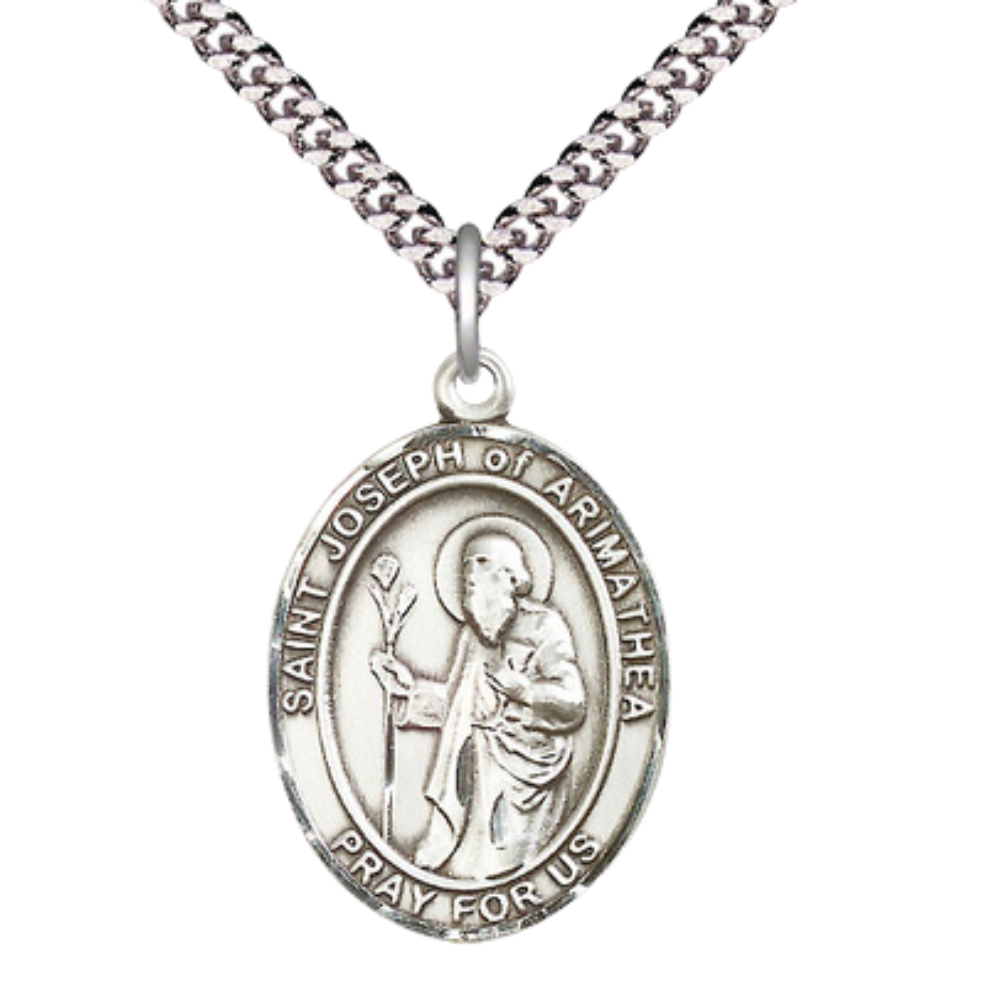 Oval Pewter Saint Joseph of Arimathea Medal Pendant on 24 inch Rhodium Plated Heavy Curb Brass Chain with Lobster Claw clasp , Catholic Religious Necklace -Made in USA - Deluxe Velvet Gift Box