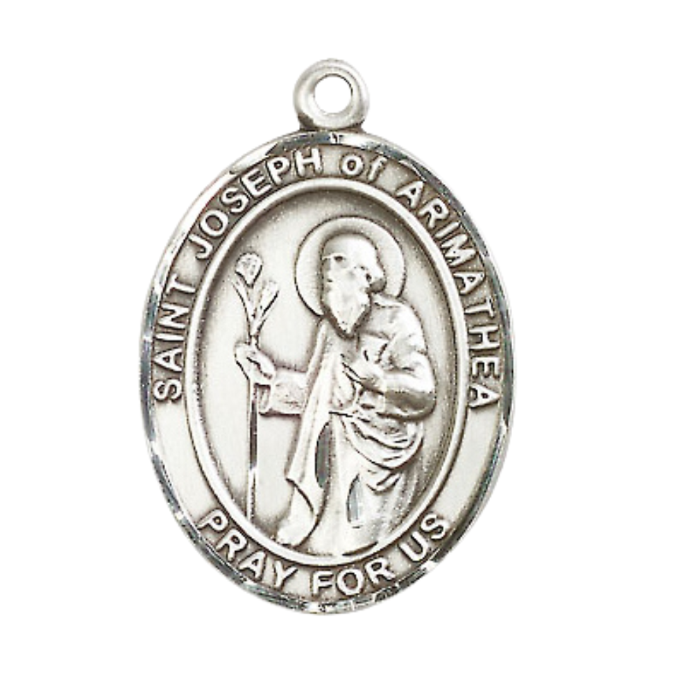 .925 Sterling Silver Saint St. Joseph of Arimathea Medal Pendant on 24 Inch Rhodium Plated Heavy Curb Brass Chain with Lobster Claw clasp, Catholic Religious Necklace - Made in USA- Deluxe Velvet Gift Box